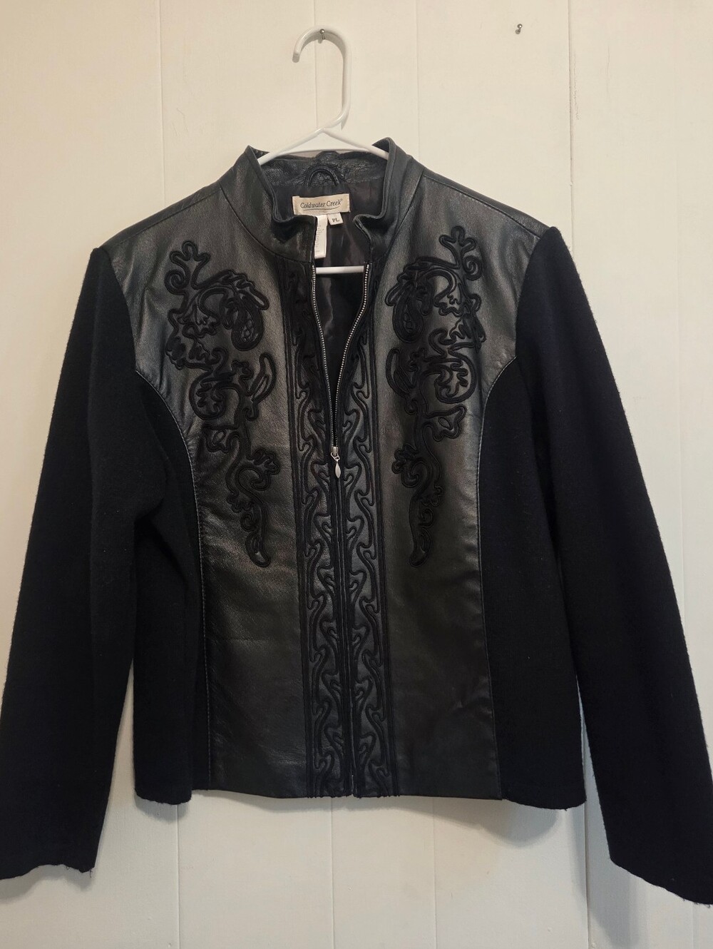Vintage Coldwater Creek 100% leather Knit Sleeves Zip Front Size PL